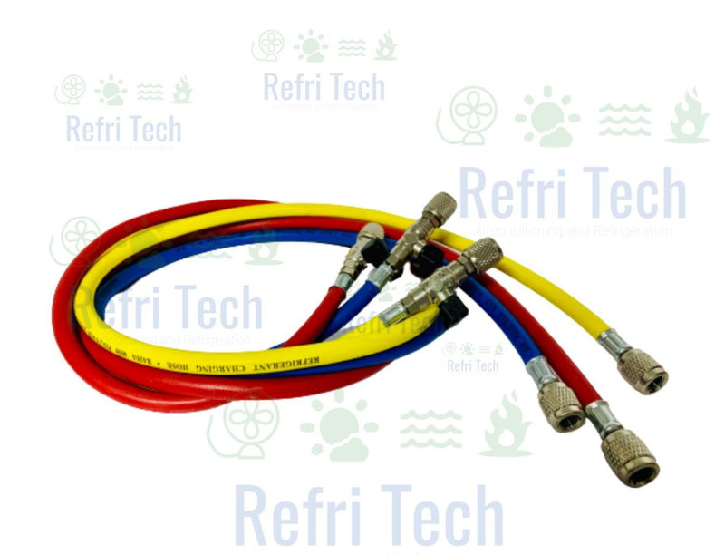 Charging refrigerant hoses PACK OF 3 HOSES 1/4'' F 1500 mm. 180° Connection with tap and depressor