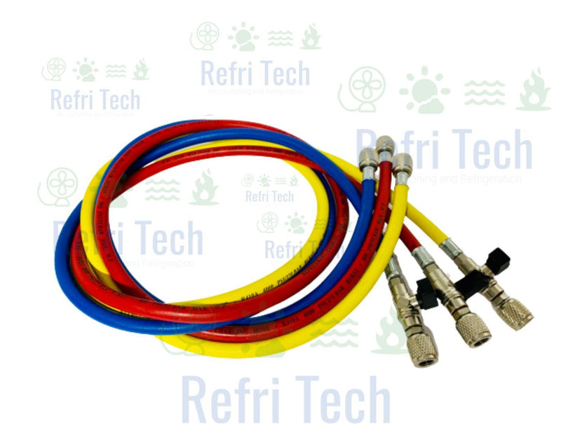 Charging refrigerant hoses PACK OF 3 HOSES 1/4'' F 1500 mm. 180° Connection with tap and depressor