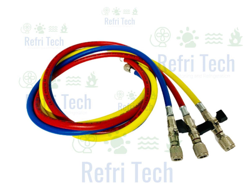 Charging refrigerant hoses PACK OF 3 HOSES 1/4'' F 1500 mm. 180° Connection with tap and depressor